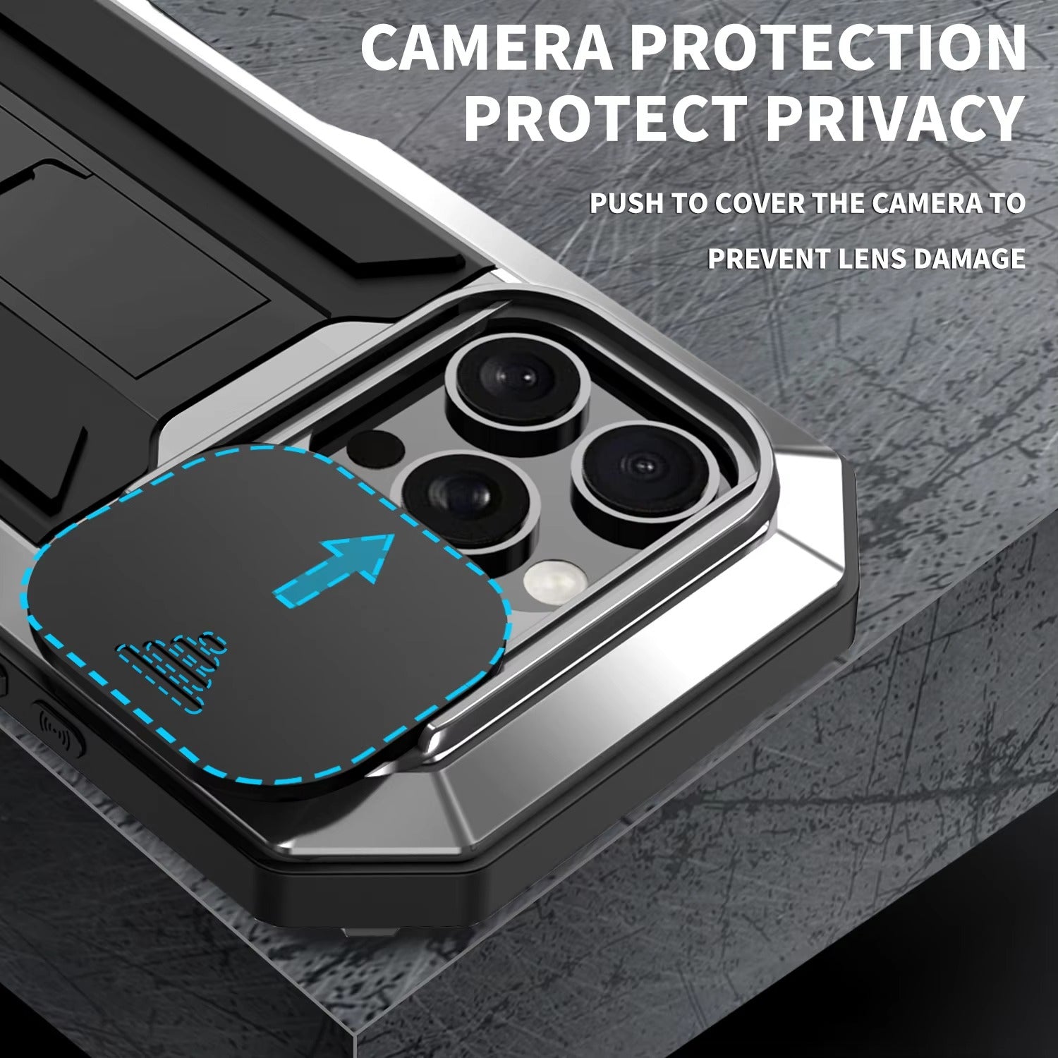 Rugged iPhone Case — Heavy-Duty Metal + Silicone Military Cover with Slide Camera Protector, Full-Body Shockproof Design, Kickstand and Screen Protection