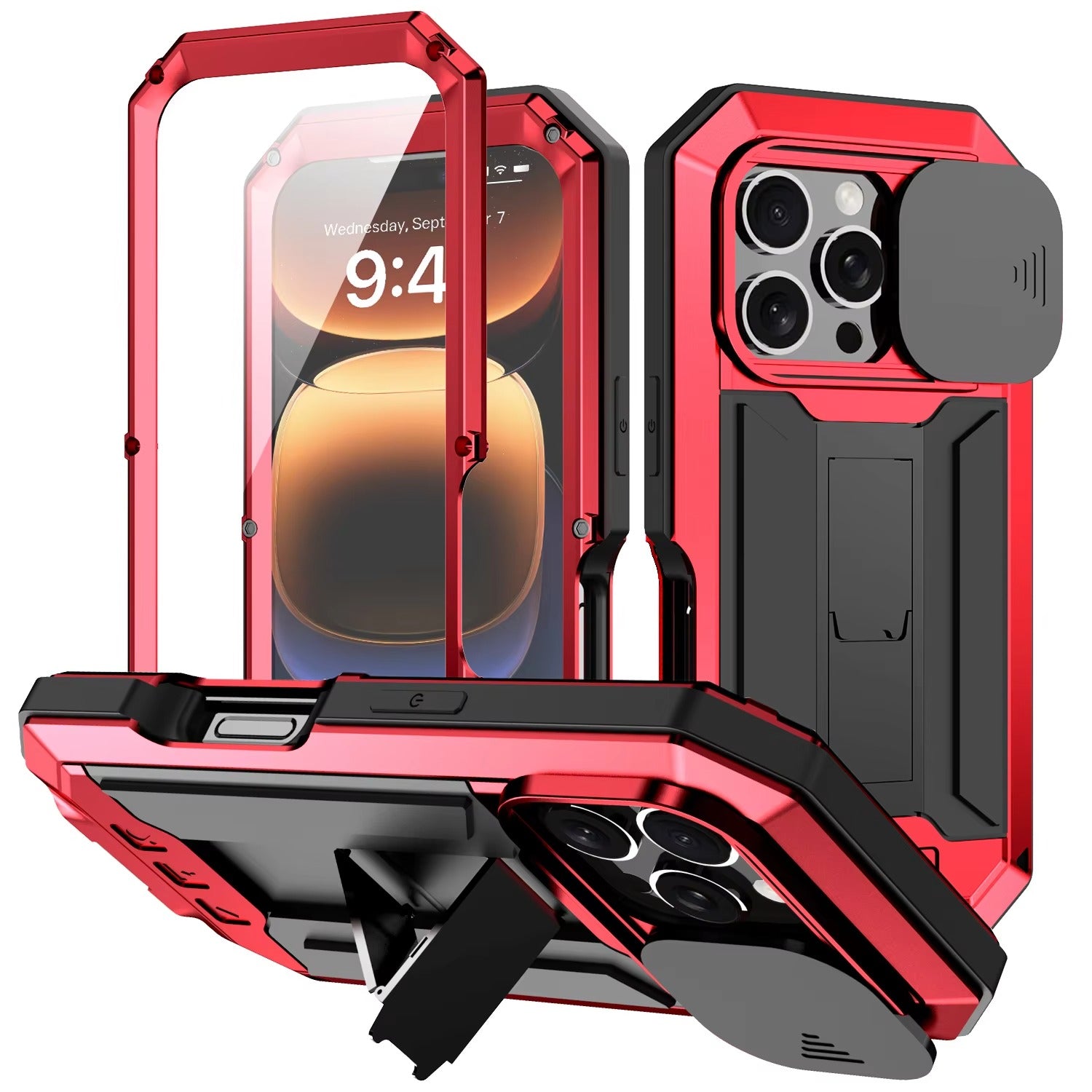 Rugged iPhone Case — Heavy-Duty Metal + Silicone Military Cover with Slide Camera Protector, Full-Body Shockproof Design, Kickstand and Screen Protection