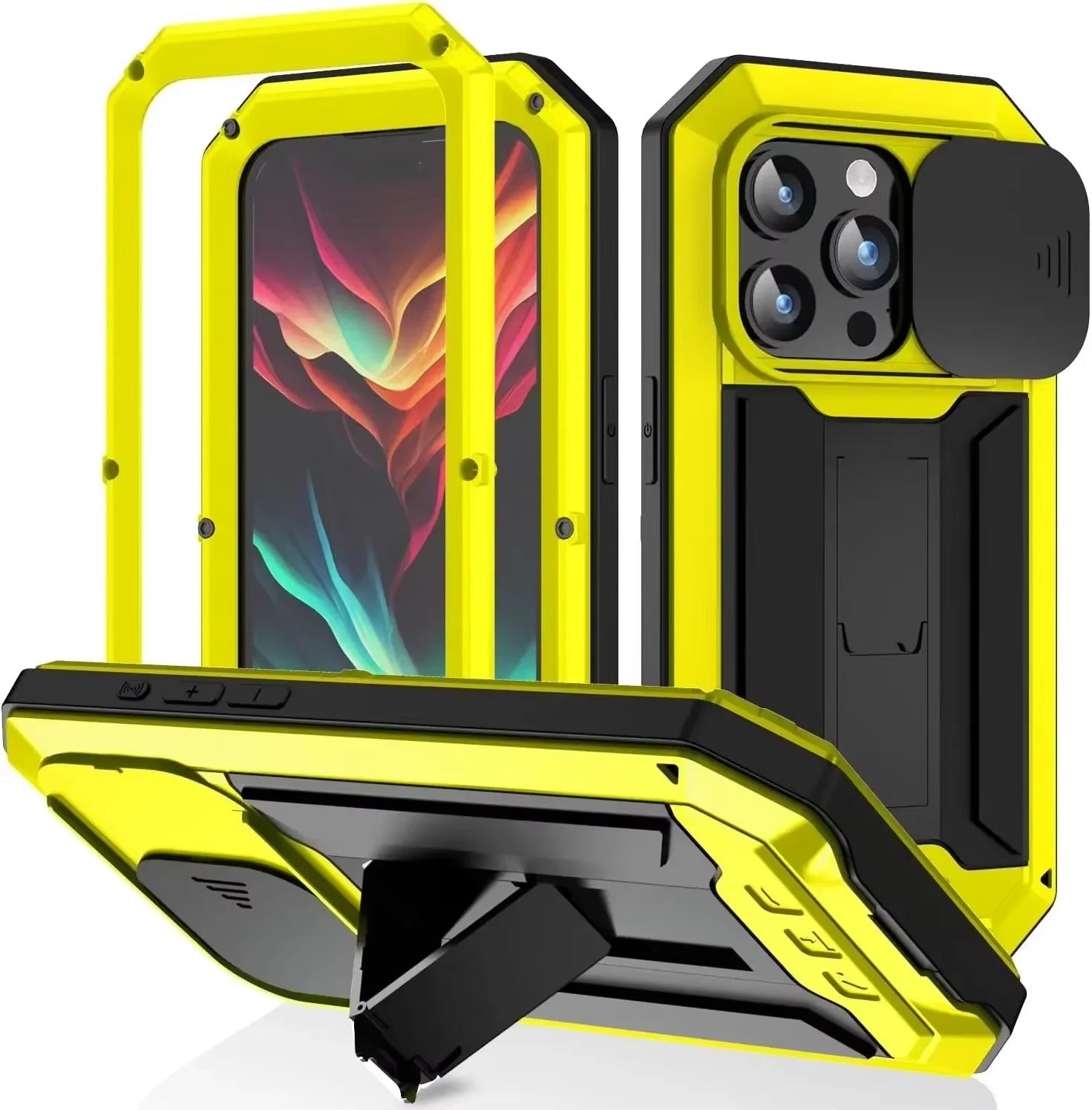 Rugged iPhone Case — Heavy-Duty Metal + Silicone Military Cover with Slide Camera Protector, Full-Body Shockproof Design, Kickstand and Screen Protection