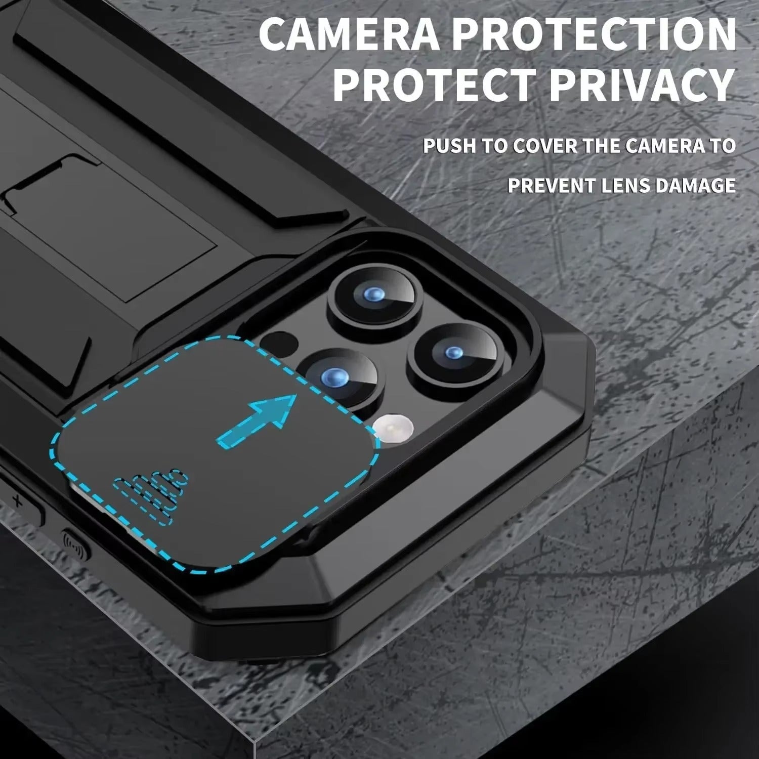 Rugged iPhone Case — Heavy-Duty Metal + Silicone Military Cover with Slide Camera Protector, Full-Body Shockproof Design, Kickstand and Screen Protection