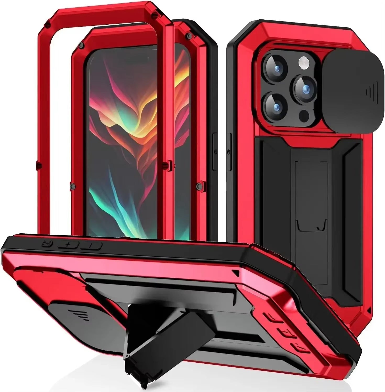 Rugged iPhone Case — Heavy-Duty Metal + Silicone Military Cover with Slide Camera Protector, Full-Body Shockproof Design, Kickstand and Screen Protection