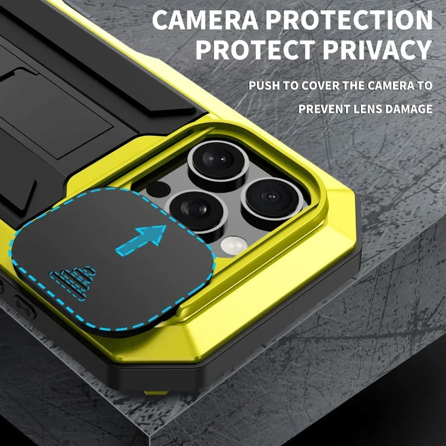 Rugged iPhone Case — Heavy-Duty Metal + Silicone Military Cover with Slide Camera Protector, Full-Body Shockproof Design, Kickstand and Screen Protection