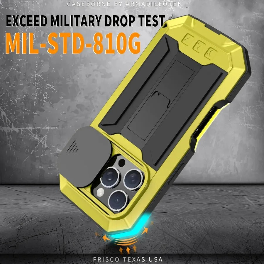Rugged iPhone Case — Heavy-Duty Metal + Silicone Military Cover with Slide Camera Protector, Full-Body Shockproof Design, Kickstand and Screen Protection