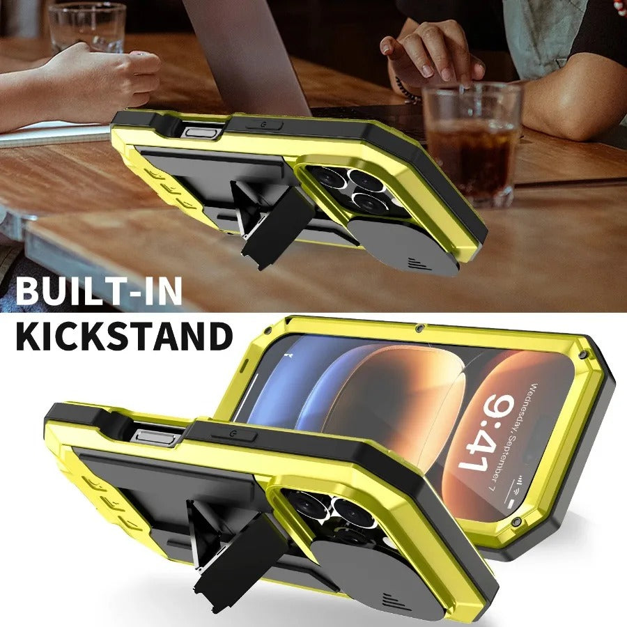 Rugged iPhone Case — Heavy-Duty Metal + Silicone Military Cover with Slide Camera Protector, Full-Body Shockproof Design, Kickstand and Screen Protection