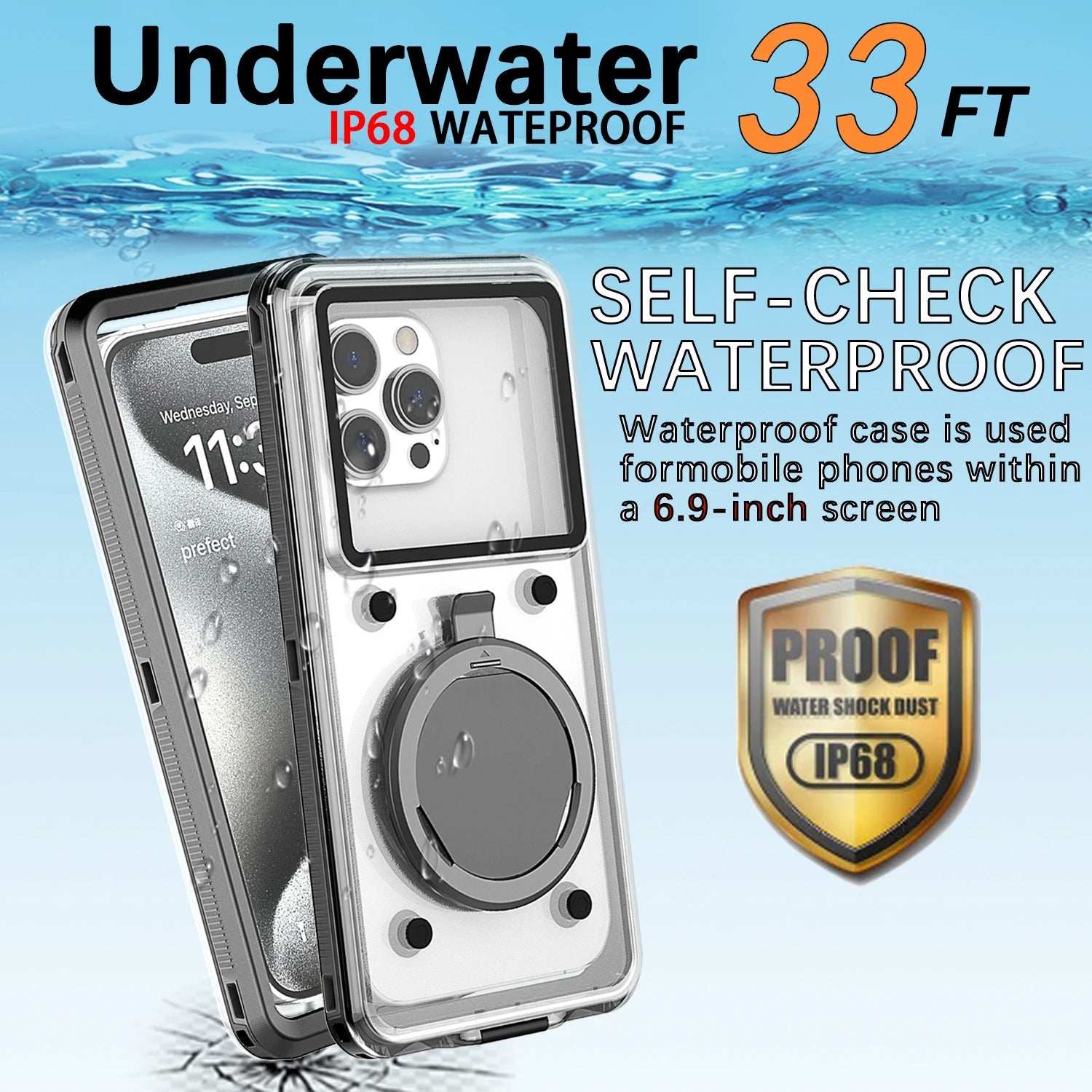 Rugged iPhone Case — IP68 Universal Waterproof Diving Pouch with 15m Protection, Airbag Vacuum Seal, Self-Check Waterproof System and TPU + Nylon Full-Screen Touch Design
