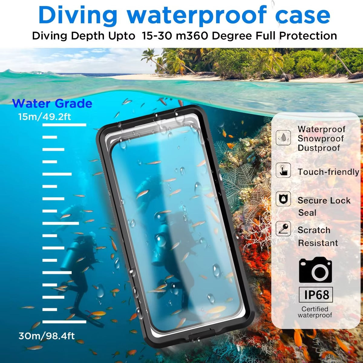 Rugged iPhone Case — IP68 Universal Waterproof Diving Pouch with 15m Protection, Airbag Vacuum Seal, Self-Check Waterproof System and TPU + Nylon Full-Screen Touch Design
