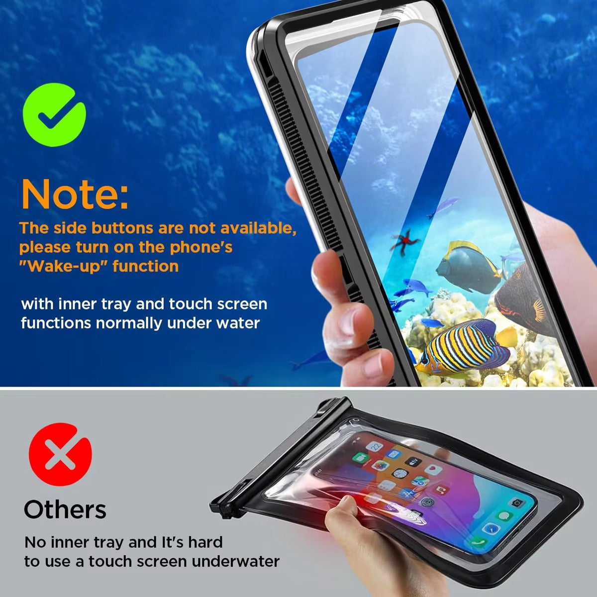 Rugged iPhone Case — IP68 Universal Waterproof Diving Pouch with 15m Protection, Airbag Vacuum Seal, Self-Check Waterproof System and TPU + Nylon Full-Screen Touch Design