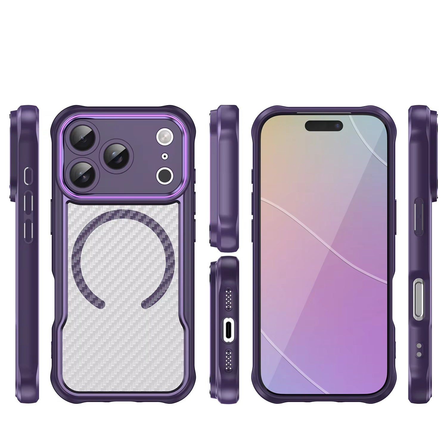 Rugged iPhone Case — MagSafe Carbon-Fiber Textured Shockproof Bumper Cover with Anti-Fingerprint Anti-Scratch Non-Slip Design