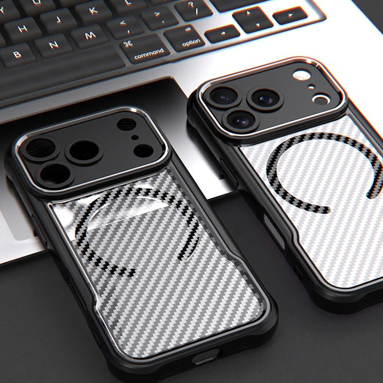 Rugged iPhone Case — MagSafe Carbon-Fiber Textured Shockproof Bumper Cover with Anti-Fingerprint Anti-Scratch Non-Slip Design
