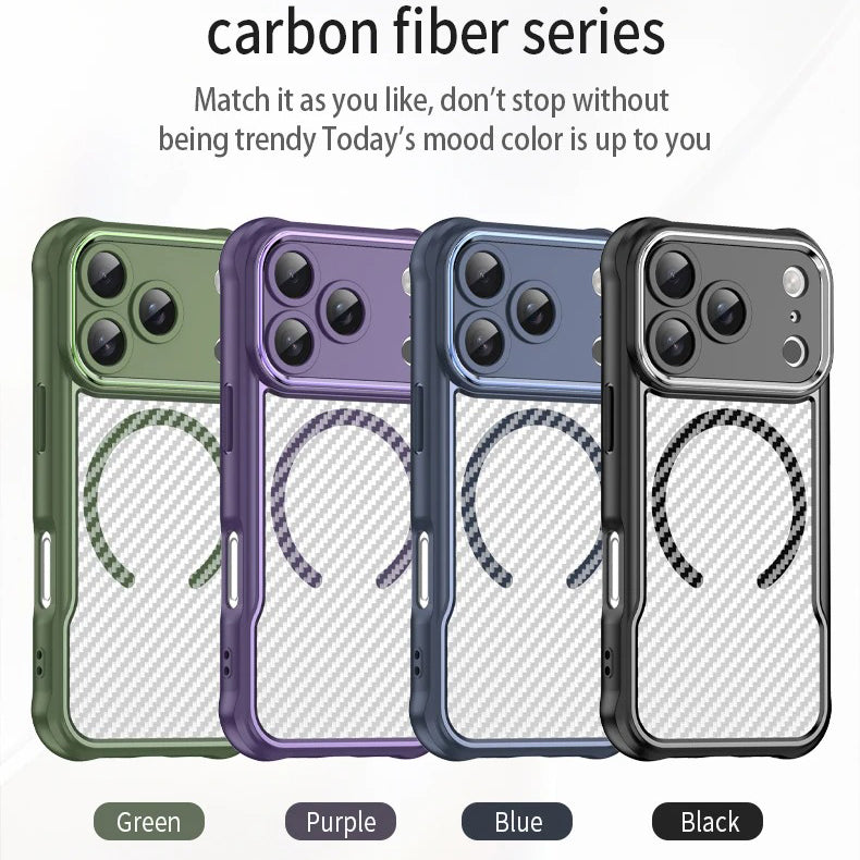 Rugged iPhone Case — MagSafe Carbon-Fiber Textured Shockproof Bumper Cover with Anti-Fingerprint Anti-Scratch Non-Slip Design