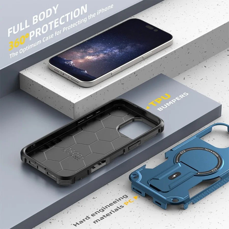 Rugged iPhone Case — MagSafe Shockproof PC+TPU Armor Cover with Magnetic Bracket Stand, Cross-Body Lanyard Support and Heavy Mechanical Design