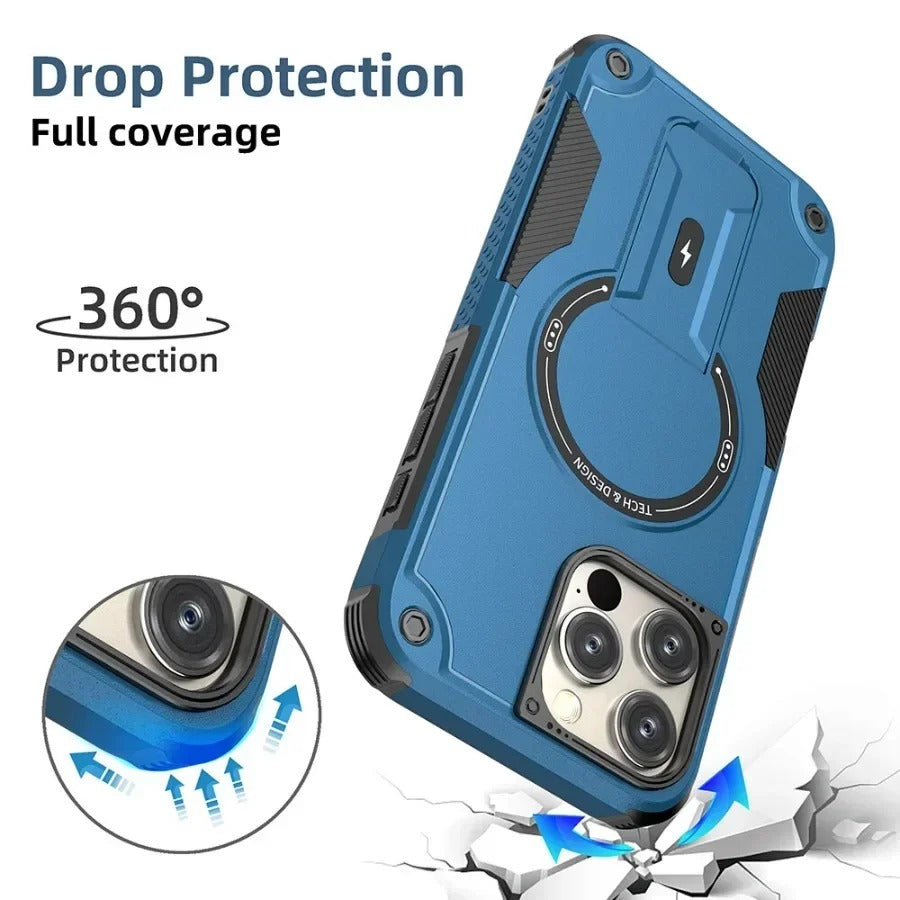 Rugged iPhone Case — MagSafe Shockproof PC+TPU Armor Cover with Magnetic Bracket Stand, Cross-Body Lanyard Support and Heavy Mechanical Design