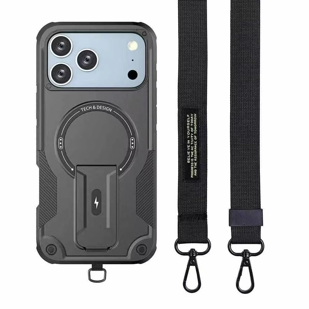 Rugged iPhone Case — MagSafe Shockproof PC+TPU Armor Cover with Magnetic Bracket Stand, Cross-Body Lanyard Support and Heavy Mechanical Design