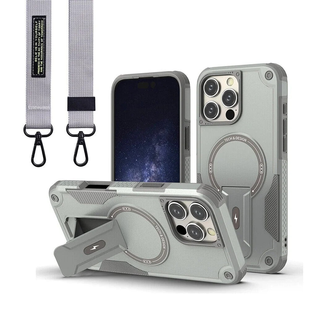 Rugged iPhone Case — MagSafe Shockproof PC+TPU Armor Cover with Magnetic Bracket Stand, Cross-Body Lanyard Support and Heavy Mechanical Design