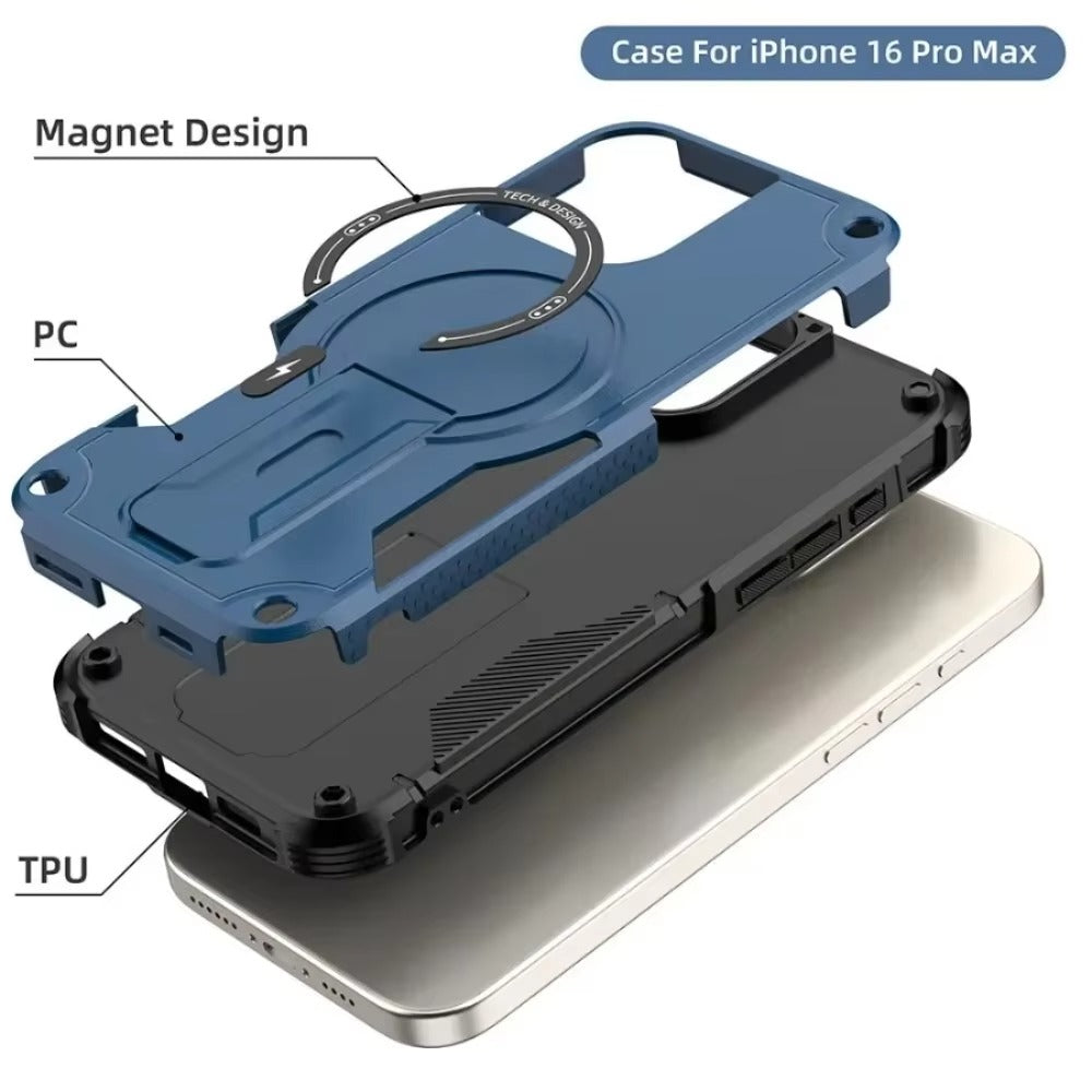 Rugged iPhone Case — MagSafe Shockproof PC+TPU Armor Cover with Magnetic Bracket Stand, Cross-Body Lanyard Support and Heavy Mechanical Design