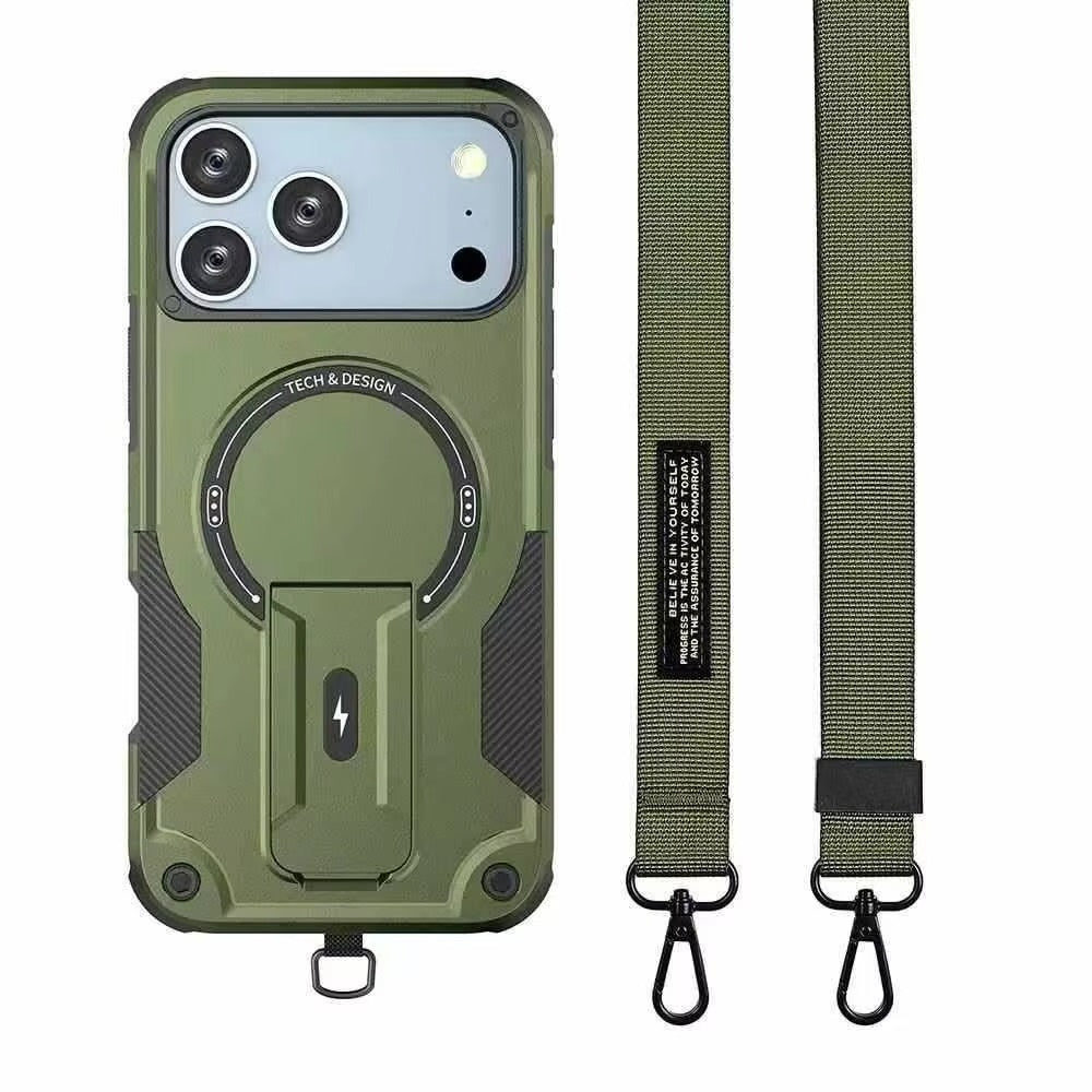 Rugged iPhone Case — MagSafe Shockproof PC+TPU Armor Cover with Magnetic Bracket Stand, Cross-Body Lanyard Support and Heavy Mechanical Design
