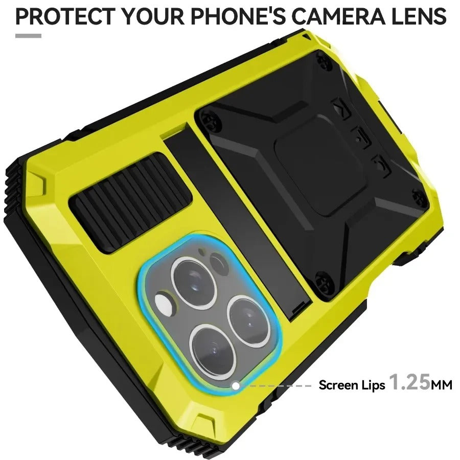 Rugged iPhone Case — Military-Grade Aluminum Tank Armor Cover with 360° Shockproof Protection, Tempered-Glass Screen Guard, Dustproof Heavy-Duty Design and Kickstand