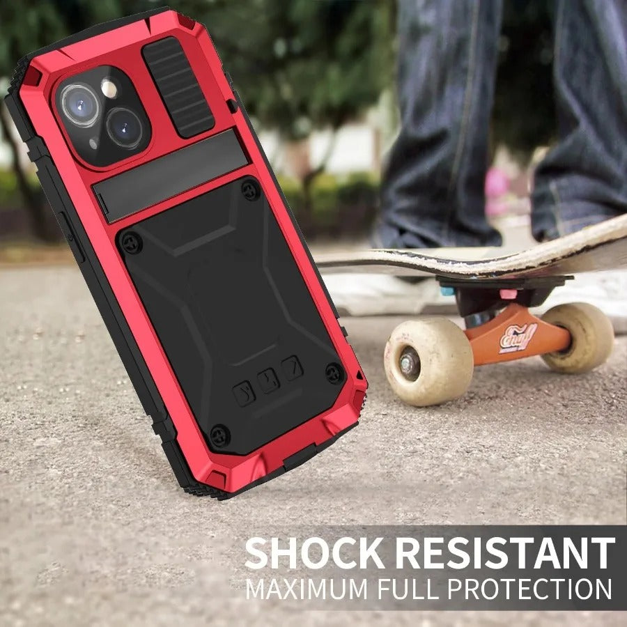 Rugged iPhone Case — Military-Grade Aluminum Tank Armor Cover with 360° Shockproof Protection, Tempered-Glass Screen Guard, Dustproof Heavy-Duty Design and Kickstand