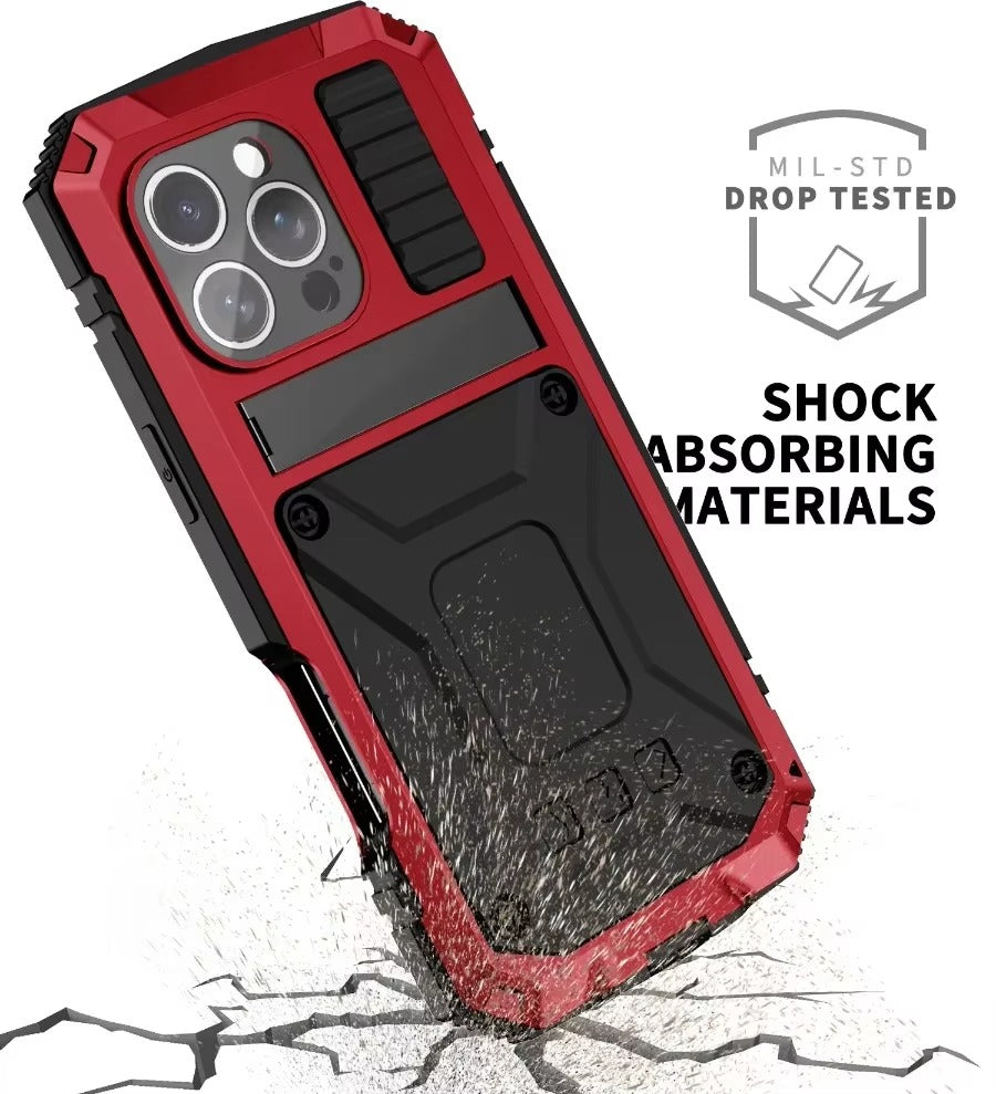 Rugged iPhone Case — Military-Grade Aluminum Tank Armor Cover with 360° Shockproof Protection, Tempered-Glass Screen Guard, Dustproof Heavy-Duty Design and Kickstand