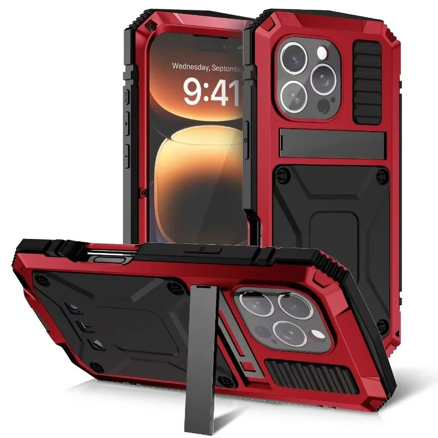 Rugged iPhone Case — Military-Grade Aluminum Tank Armor Cover with 360° Shockproof Protection, Tempered-Glass Screen Guard, Dustproof Heavy-Duty Design and Kickstand