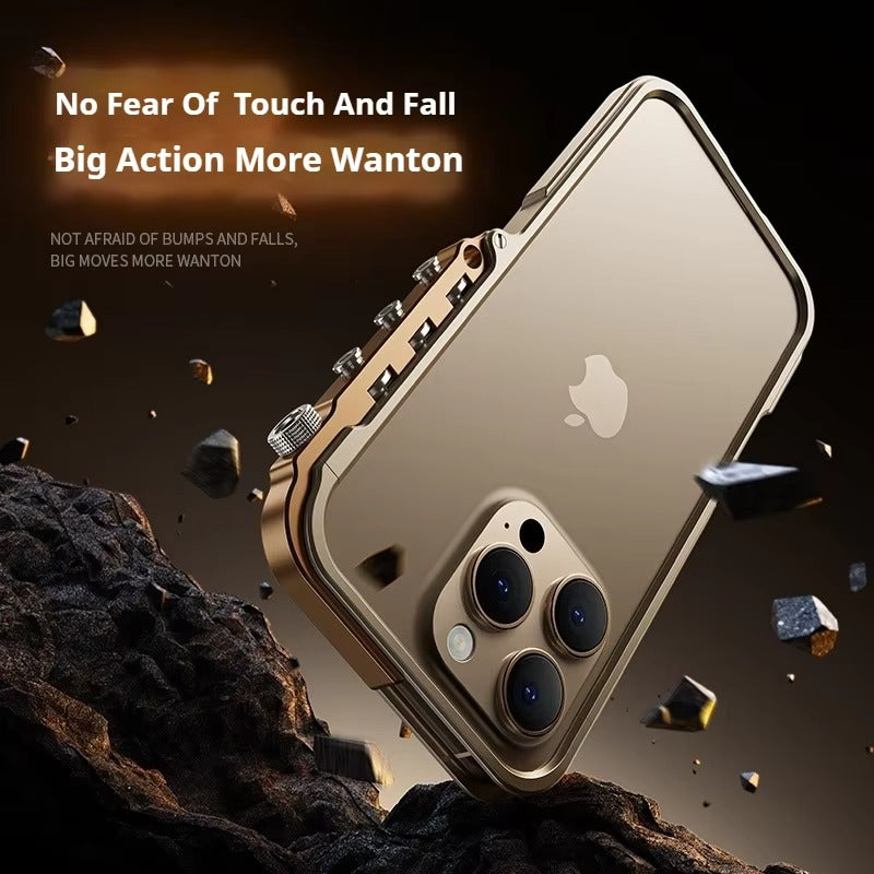 Rugged iPhone Case — Ultra-Light Aluminum Alloy Mecha Bumper with Military-Grade 360° Drop Protection, Shockproof Design and Lanyard Support