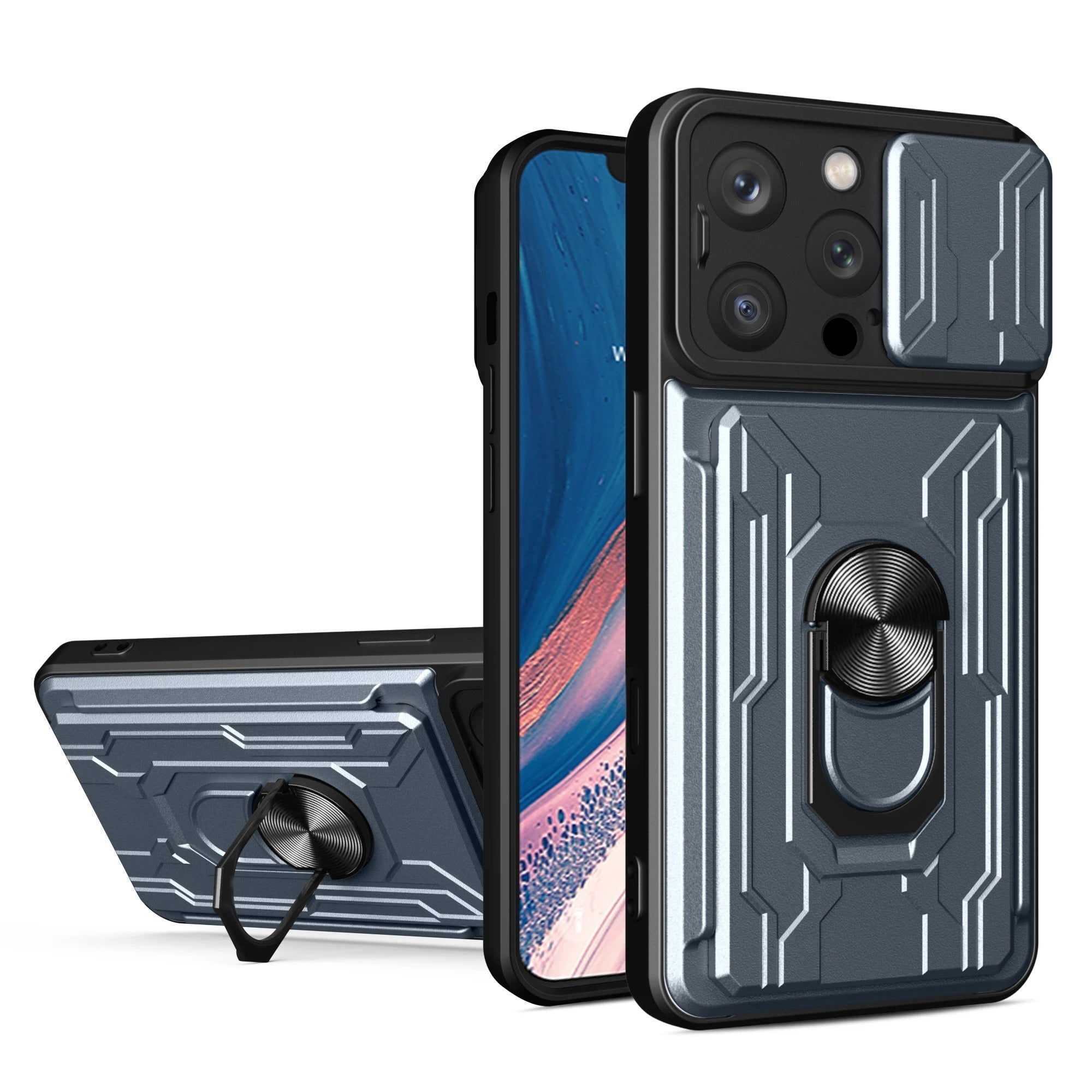 Rugged iPhone Heavy Duty Case with Card Pocket — Dual Layer Shockproof Armor Cover, 360° Ring Stand Holder, Magnetic Mount Compatible, Full Edge Protection