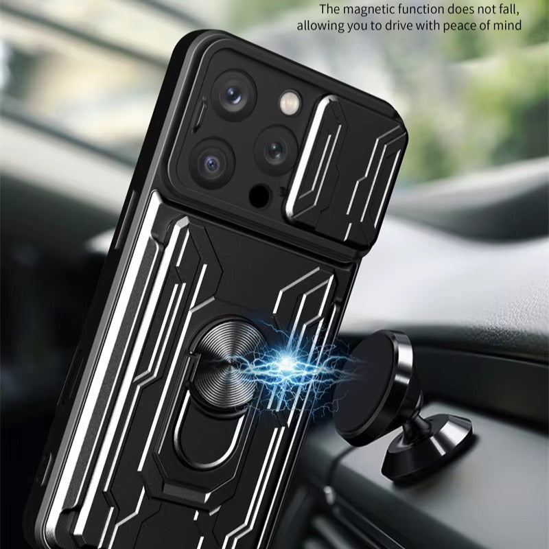 Rugged iPhone Heavy Duty Case with Card Pocket — Dual Layer Shockproof Armor Cover, 360° Ring Stand Holder, Magnetic Mount Compatible, Full Edge Protection
