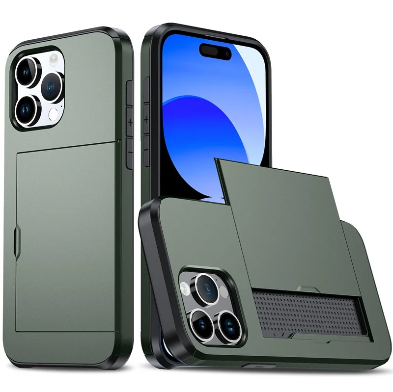 Rugged iPhone Case — Slide Wallet Armor Cover with Card Slots, Shockproof Dual-Layer Heavy-Duty Protection and Anti-Fingerprint Scratch-Resistant Non-Slip Design