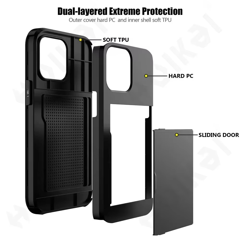 Rugged iPhone Case — Slide Wallet Armor Cover with Card Slots, Shockproof Dual-Layer Heavy-Duty Protection and Anti-Fingerprint Scratch-Resistant Non-Slip Design
