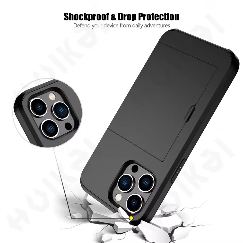 Rugged iPhone Case — Slide Wallet Armor Cover with Card Slots, Shockproof Dual-Layer Heavy-Duty Protection and Anti-Fingerprint Scratch-Resistant Non-Slip Design