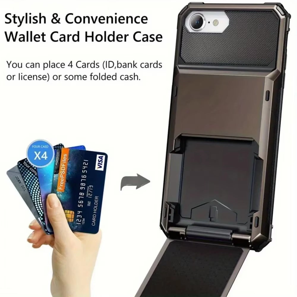 Rugged iPhone Case — Wallet Armor Cover with Card Holder, TPU Bumper Full-Coverage Design, Magnetic Ring Kickstand and Military-Grade Shockproof Scratch-Resistant Protection