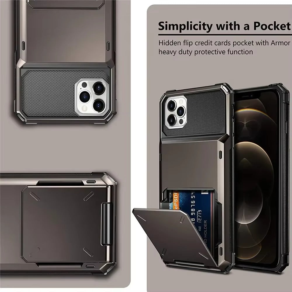 Rugged iPhone Case — Wallet Armor Cover with Card Holder, TPU Bumper Full-Coverage Design, Magnetic Ring Kickstand and Military-Grade Shockproof Scratch-Resistant Protection