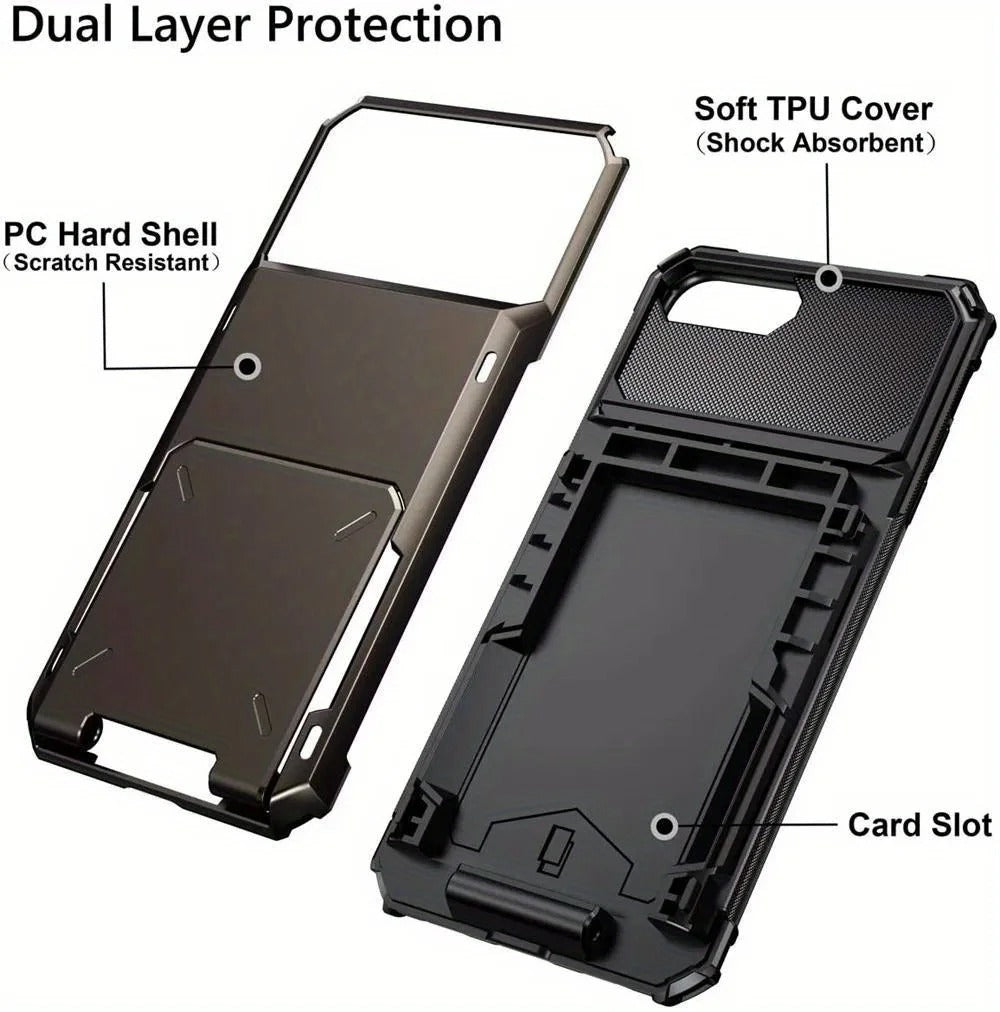 Rugged iPhone Case — Wallet Armor Cover with Card Holder, TPU Bumper Full-Coverage Design, Magnetic Ring Kickstand and Military-Grade Shockproof Scratch-Resistant Protection