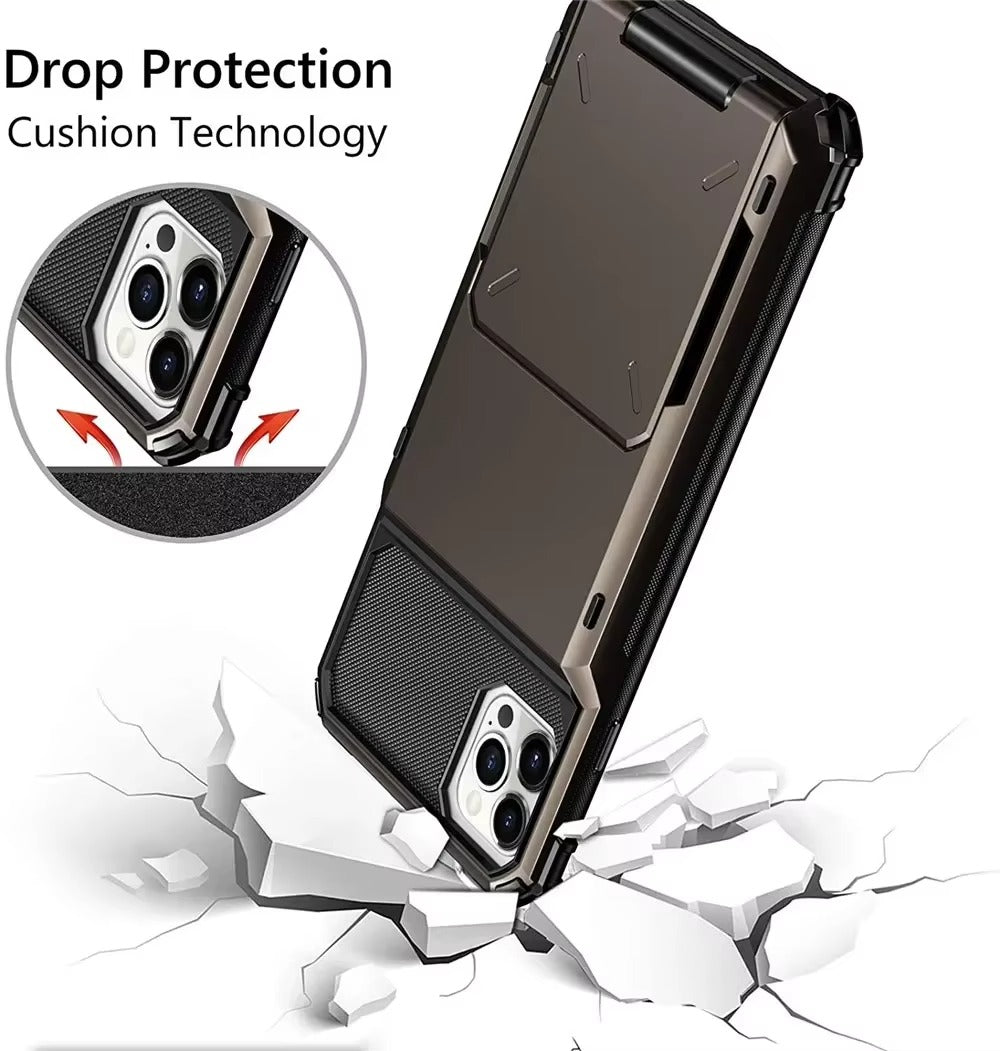 Rugged iPhone Case — Wallet Armor Cover with Card Holder, TPU Bumper Full-Coverage Design, Magnetic Ring Kickstand and Military-Grade Shockproof Scratch-Resistant Protection