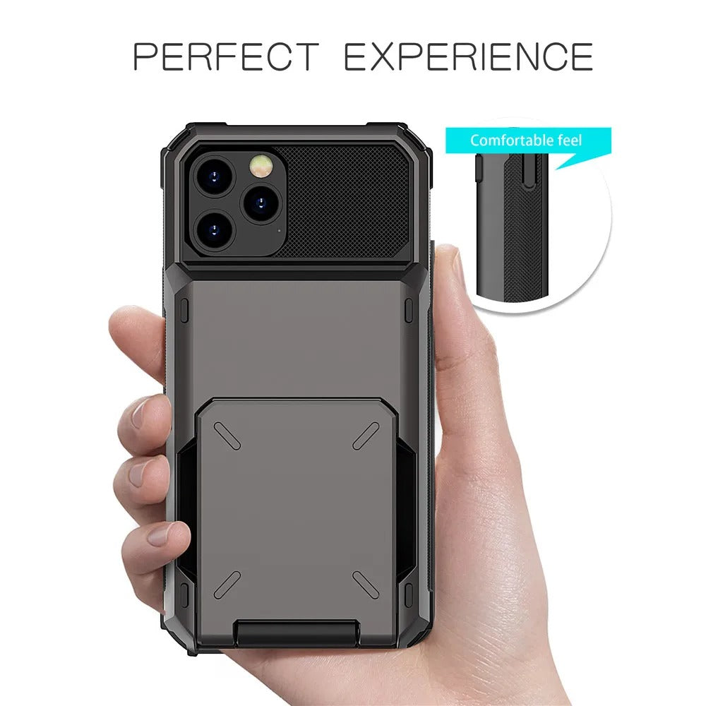 Rugged iPhone Case — Wallet Armor Cover with Card Holder, TPU Bumper Full-Coverage Design, Magnetic Ring Kickstand and Military-Grade Shockproof Scratch-Resistant Protection