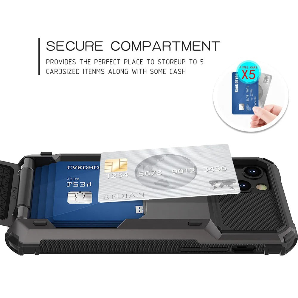 Rugged iPhone Case — Wallet Armor Cover with Card Holder, TPU Bumper Full-Coverage Design, Magnetic Ring Kickstand and Military-Grade Shockproof Scratch-Resistant Protection