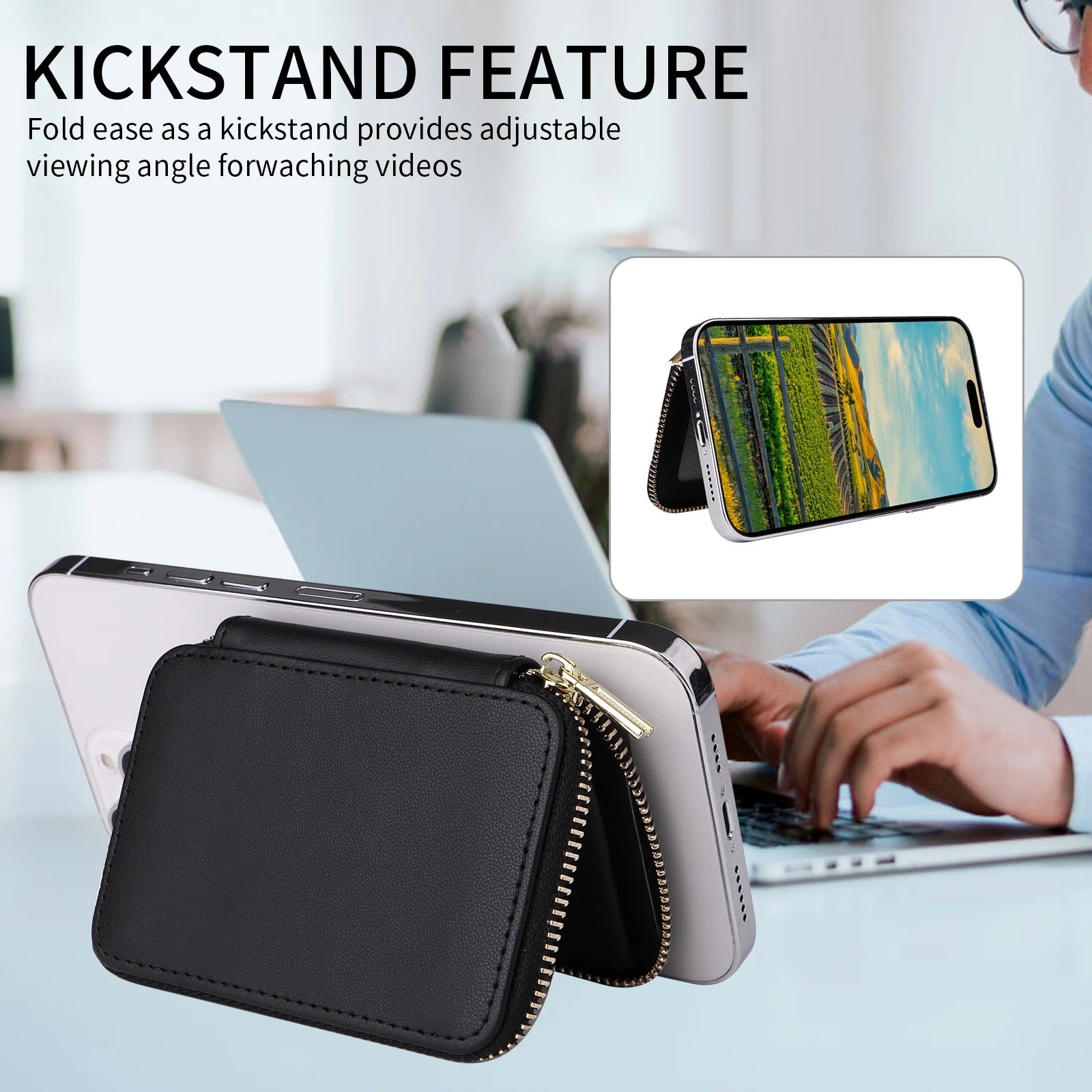 Refined iPhone Mangetic Leather Wallet, MagSafe-Compatible Card Holder with RFID Blocking, Slim Storage Design with Lanyard Support