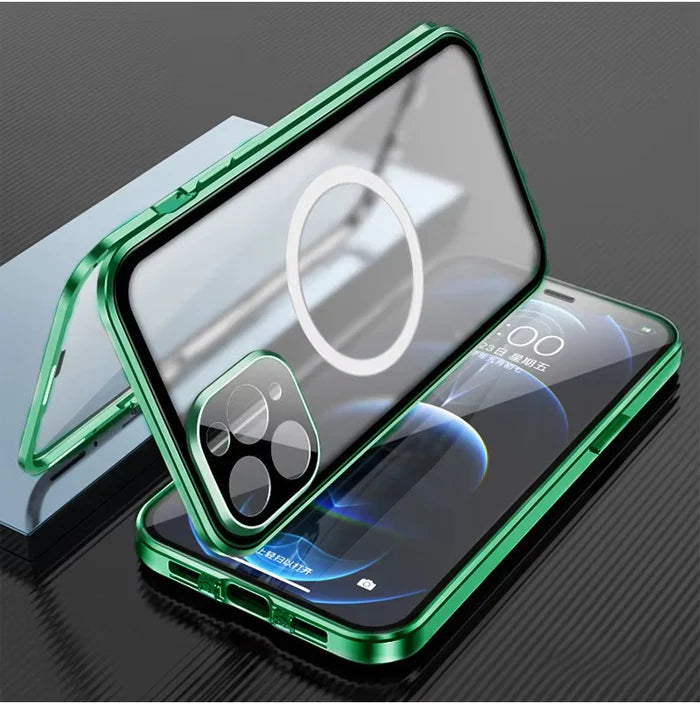 Luxury iPhone Case — MagSafe Double-Sided Glass Cover with 360° Full-Body Protection, HD Transparent Metal Alloy Frame and Magnetic Shockproof Anti-Fingerprint Design