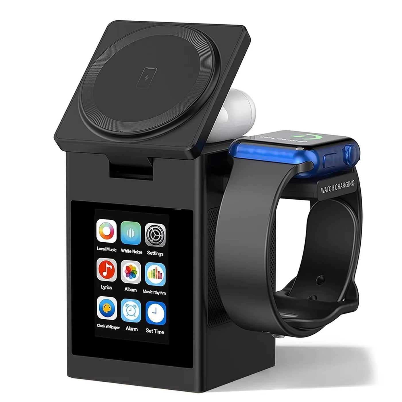 Premium iPhone Magnetic Wireless Charging Station, 15W Fast-Charge Stand with LED Display, Bluetooth Speaker & Alarm Clock