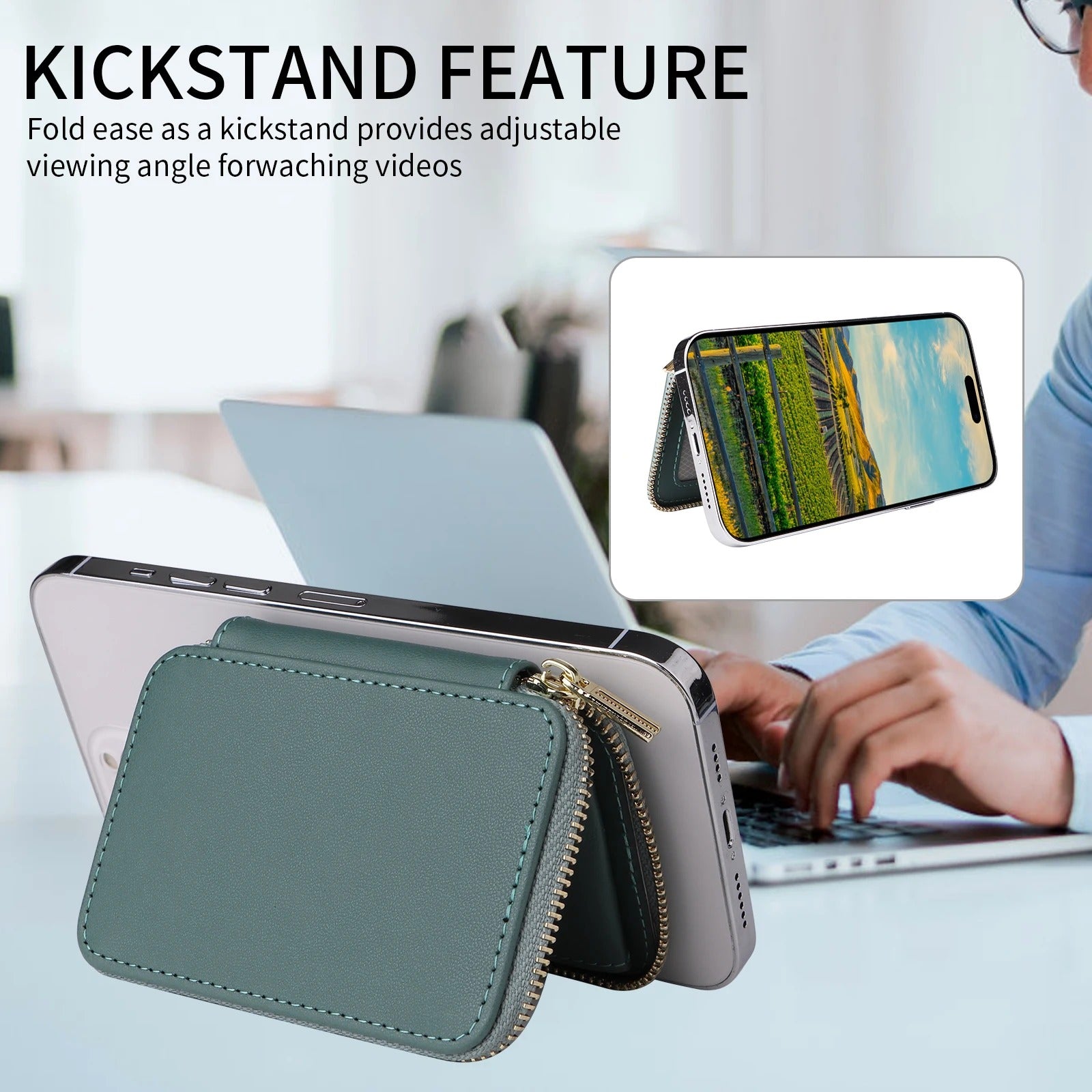 Refined iPhone Mangetic Leather Wallet, MagSafe-Compatible Card Holder with RFID Blocking, Slim Storage Design with Lanyard Support