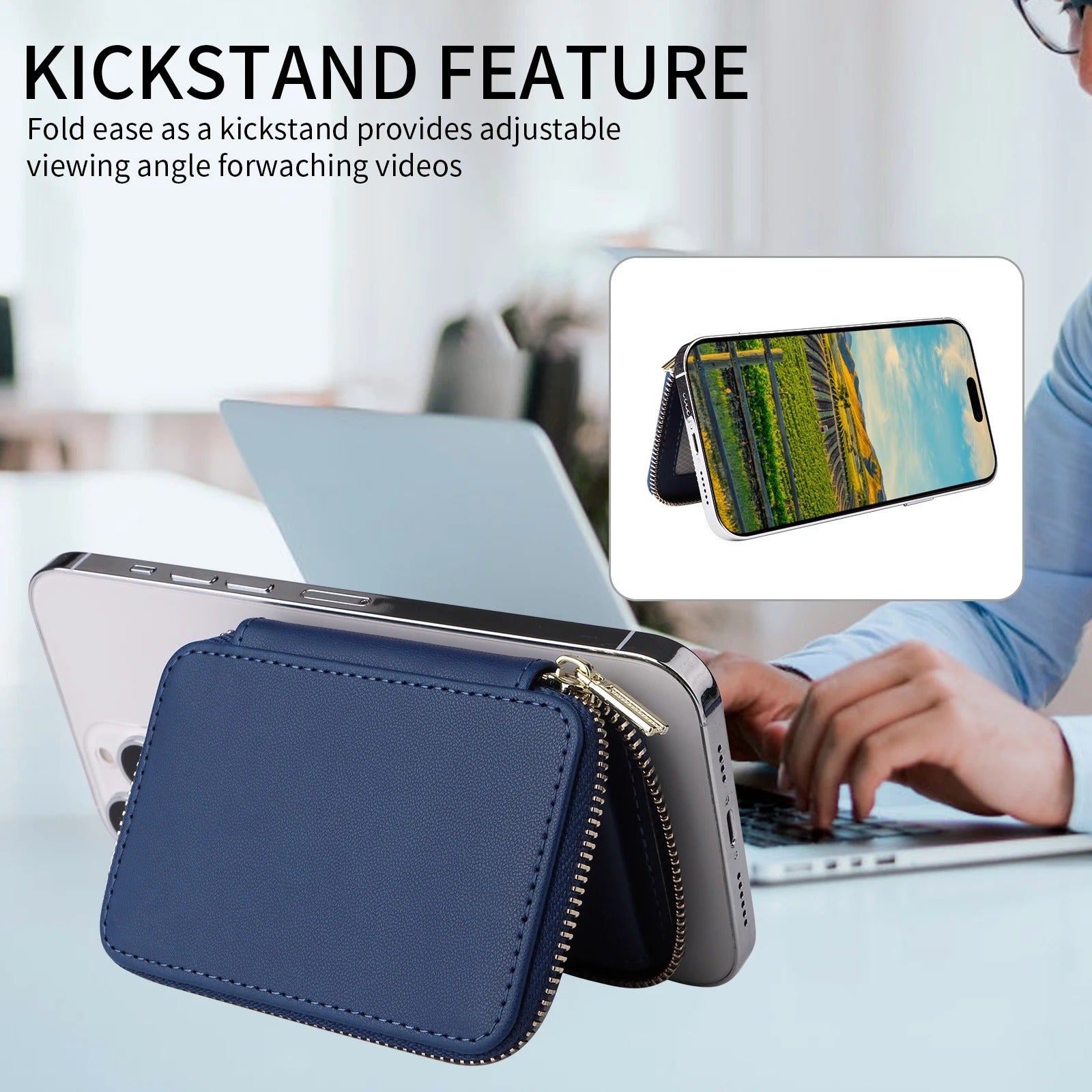 Refined iPhone Mangetic Leather Wallet, MagSafe-Compatible Card Holder with RFID Blocking, Slim Storage Design with Lanyard Support
