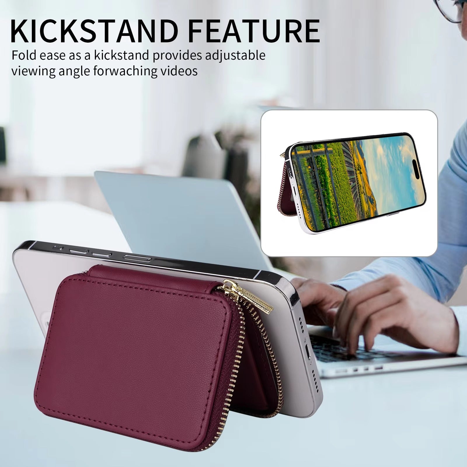 Refined iPhone Mangetic Leather Wallet, MagSafe-Compatible Card Holder with RFID Blocking, Slim Storage Design with Lanyard Support