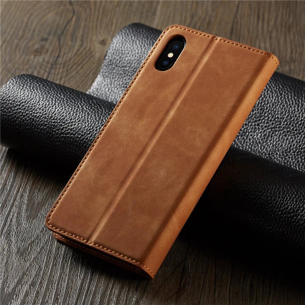 Ultra-Slim iPhone Case — Leather Flip Wallet Cover with Magnetic Suede Finish, Card Slots, Cash Pocket, Stand Function and Lightweight Full-Body Protection