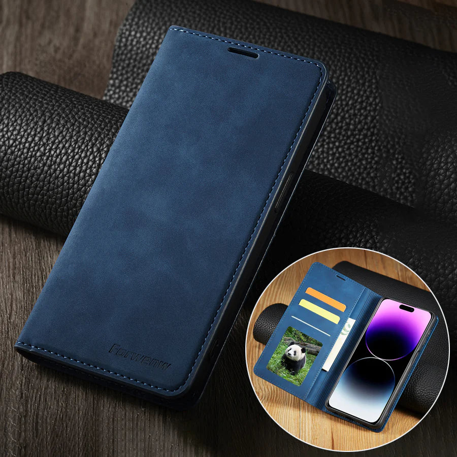 Ultra-Slim iPhone Case — Leather Flip Wallet Cover with Magnetic Suede Finish, Card Slots, Cash Pocket, Stand Function and Lightweight Full-Body Protection