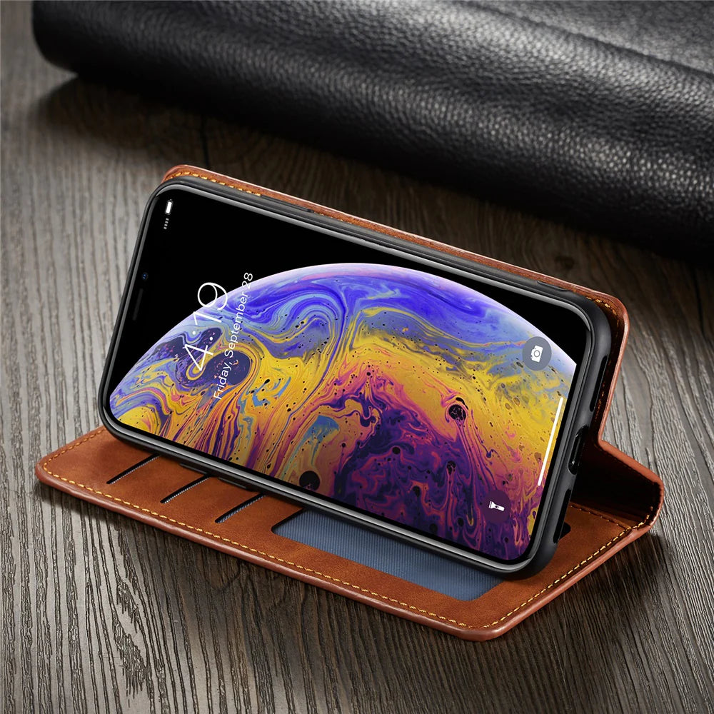 Ultra-Slim iPhone Case — Leather Flip Wallet Cover with Magnetic Suede Finish, Card Slots, Cash Pocket, Stand Function and Lightweight Full-Body Protection