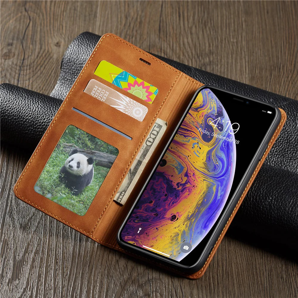 Ultra-Slim iPhone Case — Leather Flip Wallet Cover with Magnetic Suede Finish, Card Slots, Cash Pocket, Stand Function and Lightweight Full-Body Protection