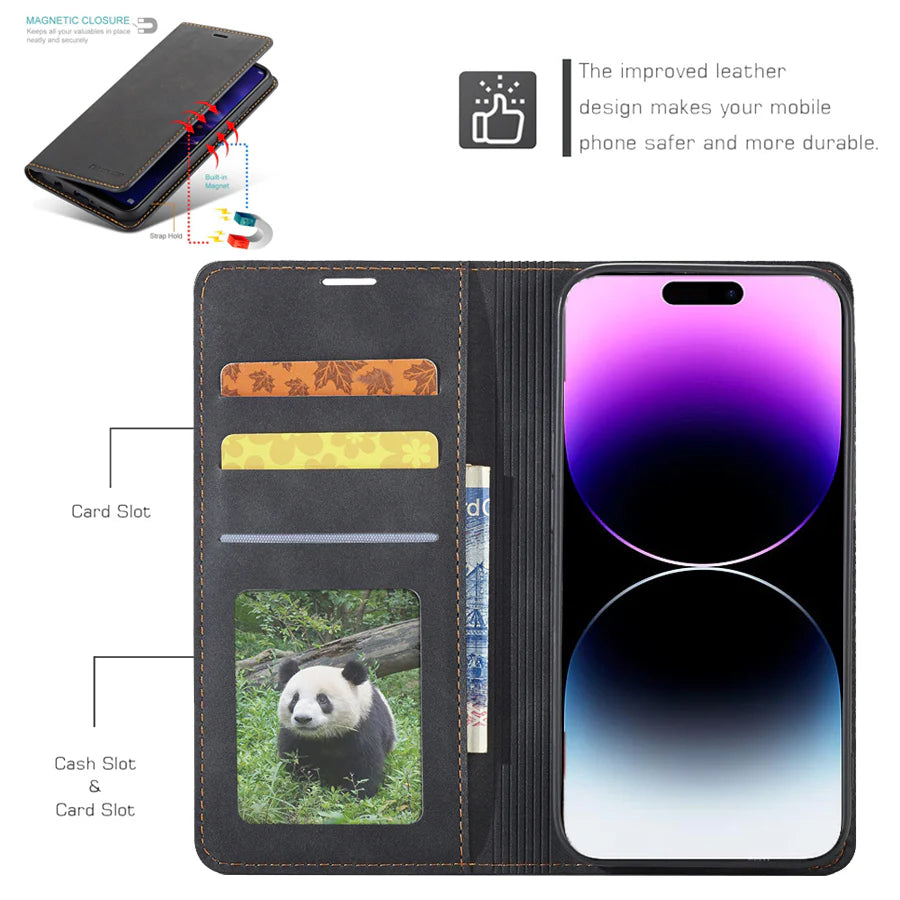 Ultra-Slim iPhone Case — Leather Flip Wallet Cover with Magnetic Suede Finish, Card Slots, Cash Pocket, Stand Function and Lightweight Full-Body Protection