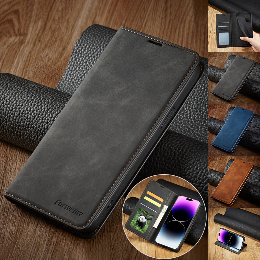 Ultra-Slim iPhone Case — Leather Flip Wallet Cover with Magnetic Suede Finish, Card Slots, Cash Pocket, Stand Function and Lightweight Full-Body Protection