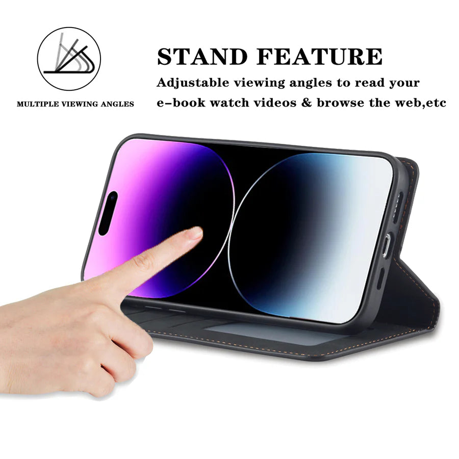 Ultra-Slim iPhone Case — Leather Flip Wallet Cover with Magnetic Suede Finish, Card Slots, Cash Pocket, Stand Function and Lightweight Full-Body Protection