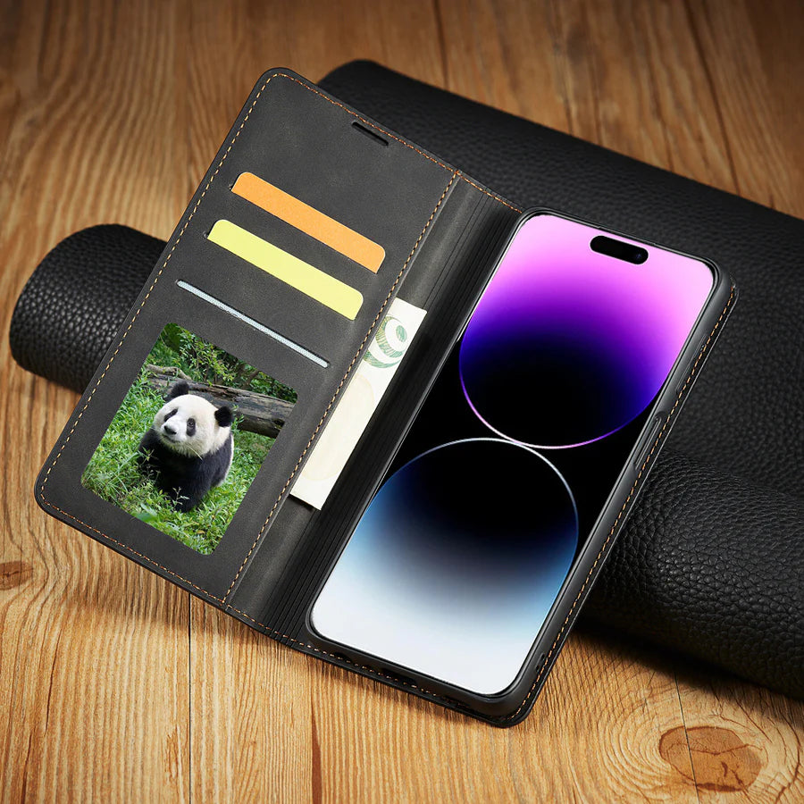 Ultra-Slim iPhone Case — Leather Flip Wallet Cover with Magnetic Suede Finish, Card Slots, Cash Pocket, Stand Function and Lightweight Full-Body Protection